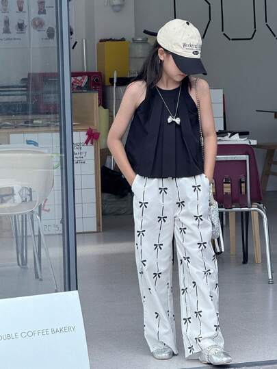 Genkimix Kids Tween Girls Korean Fashion Summer New Stylish Outfit, Spaghetti Strap Dress Style Camisole + Butterfly Print Loose Wide Leg Pants 2pc Set