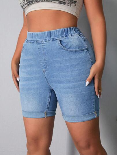 SHEIN CURVE+ Plus Size Women's Summer Cowgirl Style Light Blue Stretch Elastic Waist Skinny Denim Shorts  Summer Outfits For Women Festival Outfits