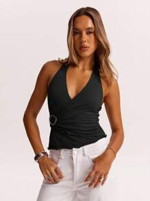 SHEIN BAE 春夏亚麻色设计金属装饰细节露背领聚拢吊带背心女上衣，夏季紧身性感辣妹复古上衣吊带背心上衣，度假海滩上衣，邮轮女装，通勤休闲，伊比沙岛 - 黑色 - 查看 5