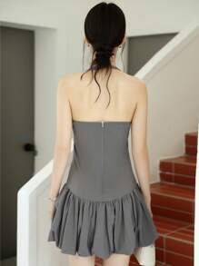 Casual Halter Pleated Hem Lantern Dress For Teenage Petite Girls, Korea & Japan Style, Fashionable - Grey - View 2