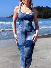 Comfortcana 夏季休闲简约大码女式紧身细肩带连衣裙，蓝色块，纹理面料印花 - 彩色 - 查看 3