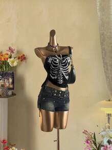 Attitoon Women's Punk Style Retro Splatter Paint Skull Print Cropped Tube Top With Tie Front, Suitable For Summer Music Festivals Back To School Skeleton Tube Top Gothic Clothing Edgy Clothes Woman - Multicolor - View 7