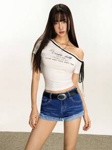 Rina Fox Quần short denim in họa tiết gợi cảm cạp thấp cho nữ - Rửa tối - Xem 5