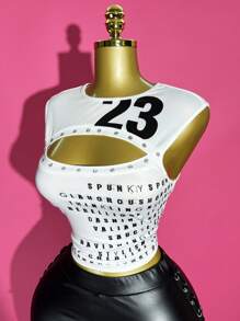 Slaydiva 2025 Summer New Style Birthday Party College Style Back To School Season Student Wear Daily Street Basic Versatile Leisure Vacation Cruise Travel Beach Seaside Sunbathing Popular Online Round Neck Sleeveless Hollow Ribbon Decoration Digital Letter Printing Tight Cut White Summer Tops Women's Tops