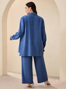 Veilorie 2pcs Plus Size Elegant Business Rhinestone Decor Shirt And Pants Set - Navy Blue - View 2
