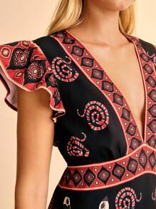 CAJUNI 女士度假波西米亚风蛇纹印花 V 领镂空后背盖袖 A 字迷你连衣裙，适合夏季假期 - 彩色 - 查看 6