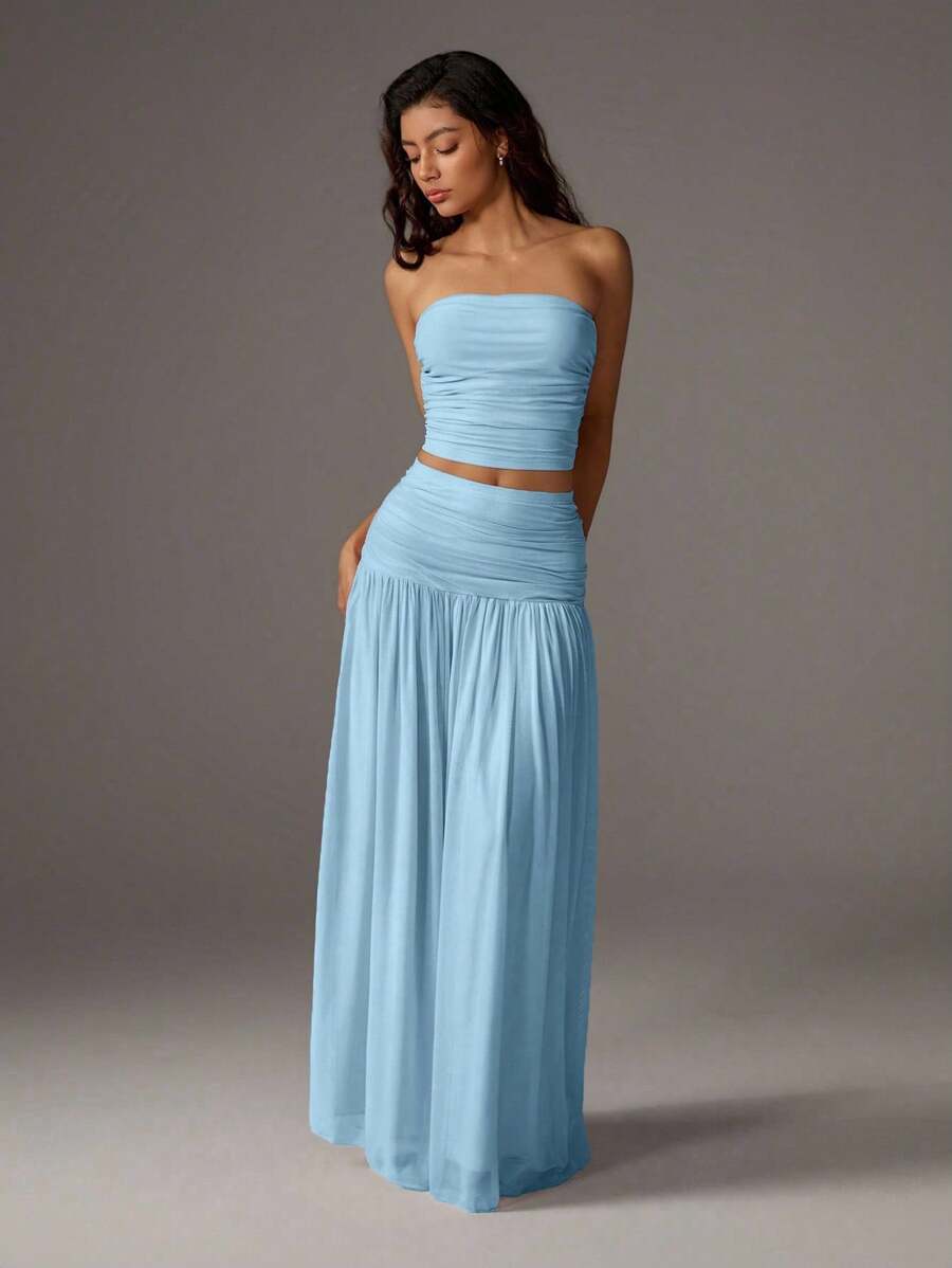 TRNVIE 2pcs/Set Women Vacation Romantic Pink Mesh Bandeau Top And High Waist Ruched Mesh Maxi Skirt, Spring/Summer - Baby Blue - View 1