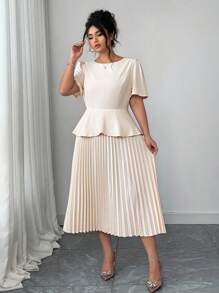Elenzga Đầm dài tay 2 trong 1 thanh lịch màu trơn cỡ lớn cho nữ, cổ tròn đơn giản, viền xếp ly, trang phục mùa hè thanh lịch cho nữ, đầm mùa xuân, đầm trang trọng cho nữ, đầm dạ hội, đầm tốt nghiệp, dự tiệc cưới - Rượu sâm banh - Xem 3