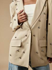 MISSGUIDED Professional Blazer Studded Metal Embellished Double Breasted Statement Business Office Work Formal Spring Autumn Outerwear - Light Grey - View 4