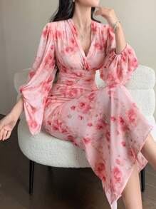 DAZY Damen Kleid mit Blume Muster und Bindung an der Taille, Meerjungfrauen-Stil - Babypink - Übersicht 1