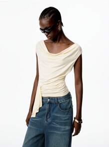 LYSMO 2025 New Arrival Light Yellow Women's Backless Tie Back Ruched Center Drape Neck Solid Color Waist-Fitted Cropped Top, Youthful And Casual, Perfect For Fresh Outfits