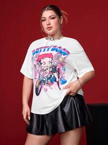 Betty Boop x SHEIN Summer Outfits Cute Rave Concert Vacation Beach Casual Boho Sexy Elegant Retro Gyaru Y2K Cool White Plus Size Casual Cartoon Portrait Motorcycle Heart Pattern Drop Shoulder Short Sleeve Loose T-Shirt,