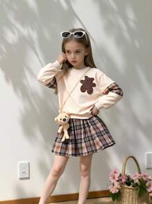Tween Girl Tartan Cartoon Patched Pullover & Tartan Skirt - Multicolor - View 1