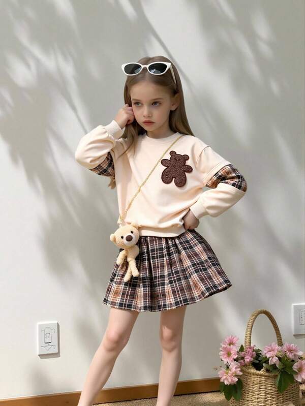 SHEIN Tween Girl Tartan Cartoon Patched Pullover & Tartan Skirt