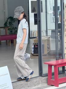 Ținute casual de vară în stil coreean pentru fete preadolescente, tricou cu mânecă scurtă și decorațiuni cu funde + pantaloni largi, set din 2 piese - Gri - Vizualizare 5