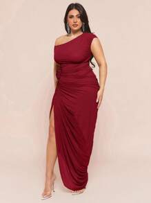 SHEIN BAE 加大码绿色 3D/压花碎花连衣裙，优雅连衣裙，适合夏季/女士夏装、海滩、度假、返校、春夏连衣裙、褶皱侧开衩连衣裙、婚礼、伴娘、鸡尾酒会、派对 - 酒紅色 - 查看 7