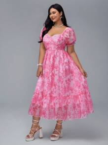 Flirla Plus Size Sweet Palace Style Puff Sleeve Elegant A-Line Dress - Multicolor - View 4