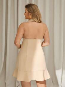 Auralis Beige,Summer,Elegant,Date Night Plus-Size Women's Shirt-Style Halter Dress,Short Backless Dress With Ruffled Hem,Casual Vacation Modest Summer Dresses - Khaki - View 2