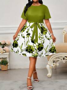 SHEIN Lady Spring And Summer Elegant Commuting Office Casual Boho Woven Knitted Round Neck Flared Belted Midi Short Sleeve Plus Size Dresses Summer Outfits For Women Summer Dresses For Women Office Outfits For Women Vacation Dress Women Clothing Summer