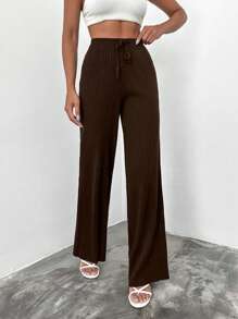 SHEIN Cottnline Women's Solid Color Ribbed Drawstring Waist Knit Pants,Burgundy Trousers - Brown - View 3
