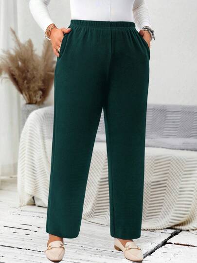 EMERY ROSE Plus Size Women's Elegant Casual Daily Solid Color Long Pants With Pockets,Fall Women Clothes,Summer Holiday,Vacation Outfits Women,Simple And Fashionable For Everyday Wear,Vacay Vibes,Springbreak,Casual Wear SS,Bohemia