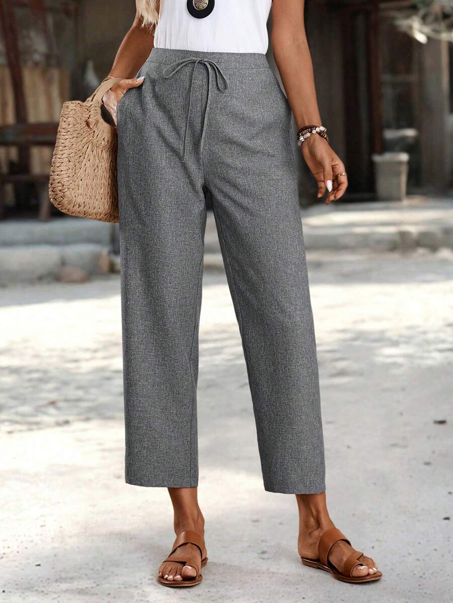 EMERY ROSE Pantalones recortados rectos informales con bolsillo y cintura con lazada en unicolor para mujeres