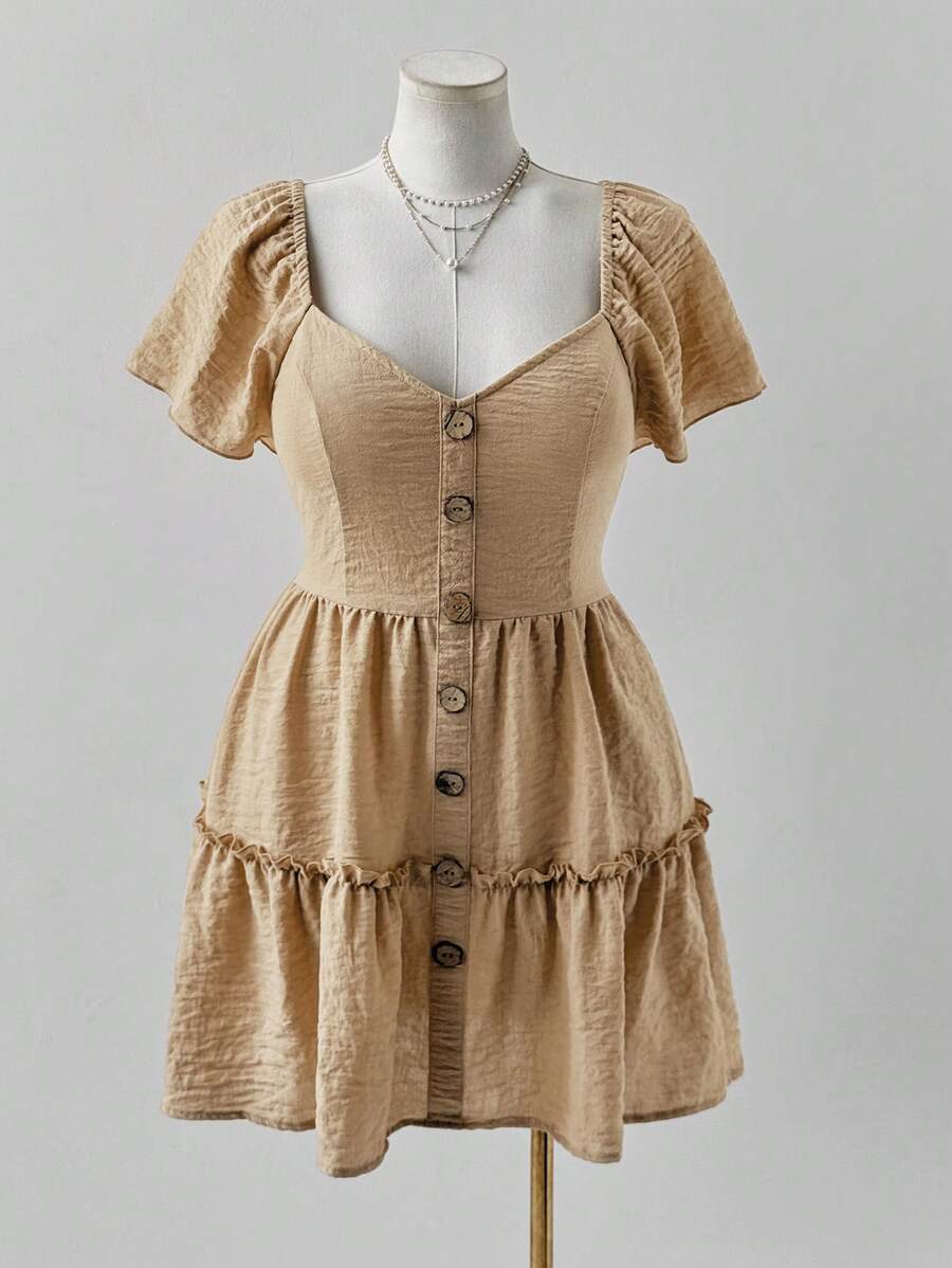 Sunspun Plus Size Square Neck Faux Linen Ruffle Hem Dress Boho - Yellow - View 1