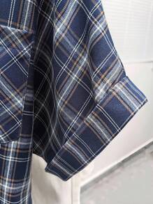 新款复古格子宽松短袖女衬衫 - 藏蓝色 - 查看 4