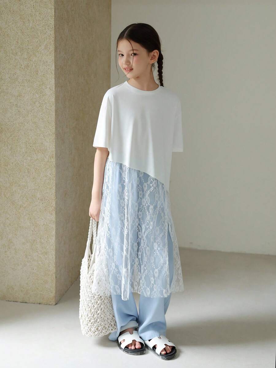 2 件套青少年女孩休闲装 - 宽松圆领短袖 T 恤搭配蕾丝边上衣和松紧腰阔腿裤，夏季 - 白色 - 查看 1