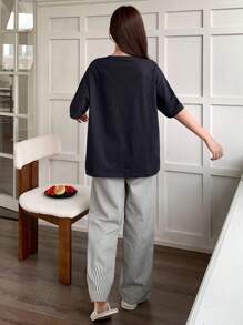 DAZY Letter Graphic Print Loose Fit Crew Neck Long Sleeve Top And Striped Print Pants Pajama Set - Navy Blue - View 2