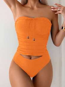 Swim Lushoire Elegant, Versatile, Form-Fitting Bandeau Tankini Set For Summer Beach Vacation - Orange - View 3