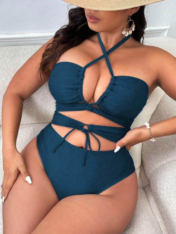 Swim SXY Traje de baño de una pieza con corte sexy en el cuello halter, con aberturas y diseño cruzado, para mujeres de talla grande, unicolor, ideal para vacaciones
