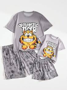 2pcs Young Boy Homewear Set, Round Neck Cat Print Top And Allover Print Shorts Back To School Fashion - Grey - View 3