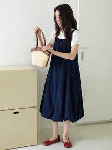 2 件套青少年女孩圆领短袖 T 恤和宽肩带花卉 A 字连衣裙休闲夏季服装 - 寶藍色 - 查看 6