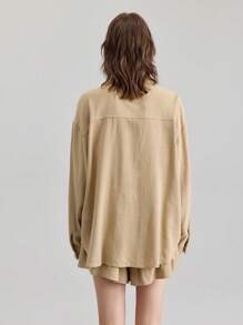 Ontre 2 Pieces Women's Summer Set: Solid Color Long Sleeve Shirt + Shorts, Fashionable, Suitable For Independence Day, St. John's Day, Beach, Vacation, Graduation, Office, Beach Wear, Holiday, Tea Party, Party - Khaki - View 3