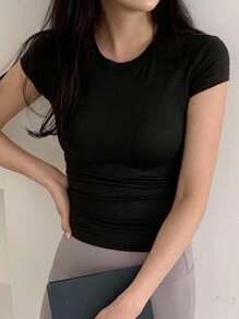 DAZY 女士休闲基本款圆领运动瑜伽 T 恤，黑色，夏季 - 黑色 - 查看 2