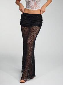 Flirla تنورة ذات نسيج دانتيل بذيل سمكة، أسلوب عطلة شاطئية جذابة، للربيع/الصيف - الأسود - مشاهدة 4