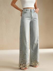 Fashionable Sequin Embellished Casual Loose Fit Women's Jeans - Blue - View 5