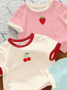 SHEIN 3 件套女婴休闲简约圆领短袖 T 恤，带有可爱的多巴胺、马卡龙、夏季水果樱桃、草莓、柠檬图案，奶油黄色、粉色、蓝色，适合春夏季度假、郊游、农场、野餐、居家、返校 - 彩色 - 查看 3