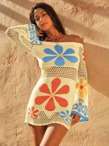 Swim Chiccia Women's Dopamine Print Floral Off Shoulder Loose Beach Cover-Up, Vintage Countryside Style Sweet Hollow Out Mesh Long Sleeve Flare Cuff Knit Maxi Dress For Spring/Summer Holiday