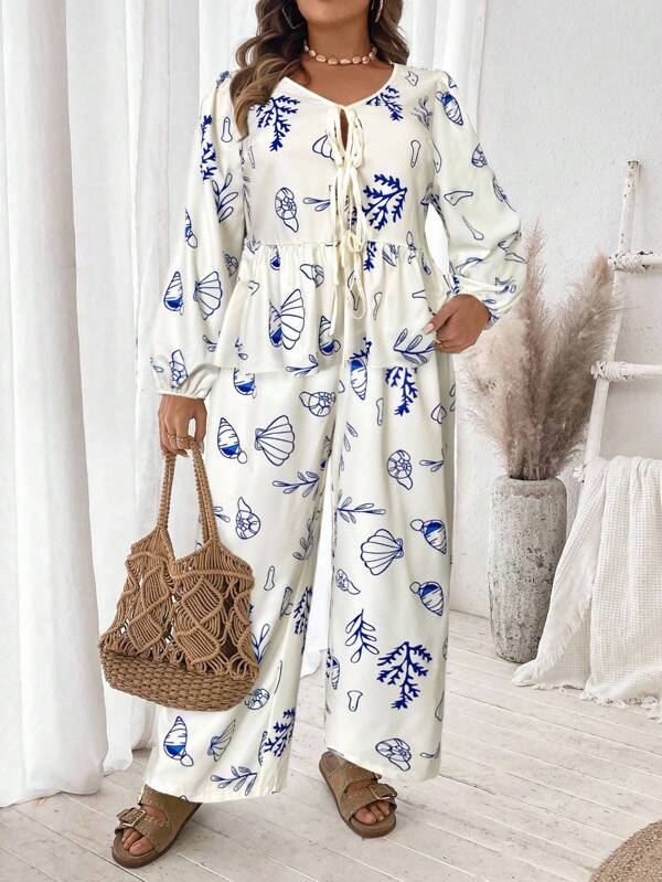Franclia Plus Size Women Shell Print Lantern Sleeve Shirt And Wide Leg Pants Casual 2 Pieces Set