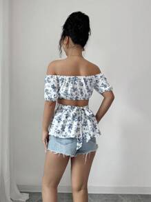 Rafferiza Women's Summer Holiday Off-Shoulder Cutout Waist Tie Blouse - Blue - View 2