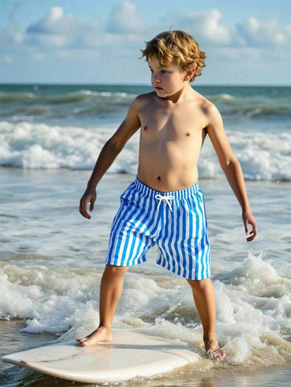 Young Boy Outdoor Beach Drawstring Striped Swim Trunks Boys Blue Swim Trunks Boys Blue And White Striped Swim Trunks Kids Swim Trunks Boys Beach Shorts Kids Swimsuit Bottoms