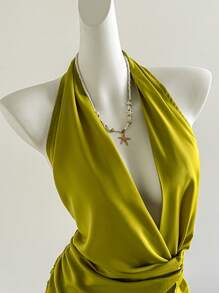 Sweetra European & American Style Solid Color Halter Neck Dress, Summer New Sexy Backless Bodycon Slimming Dress - Green - View 5