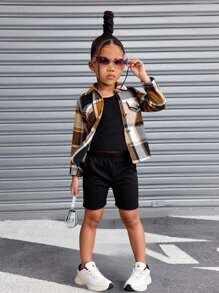 Toddler Girls 3-Piece Set 4-7Y Plaid Lapel Jacket,Bib Top&Tight Shorts,Fashion Long Sleeve Outdoor Outfit,Autumn,Career Day,Back-To-School Style - Black - View 1