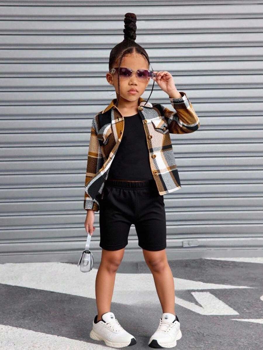 Toddler Girls 3-Piece Set 4-7Y Plaid Lapel Jacket,Bib Top&Tight Shorts,Fashion Long Sleeve Outdoor Outfit,Autumn,Career Day,Back-To-School Style - Black - View 1