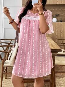 Weeklong Váy mini thêu dệt thanh lịch tay ngắn cỡ lớn cho nữ có viền xếp nếp - Bụi hồng - Xem 2