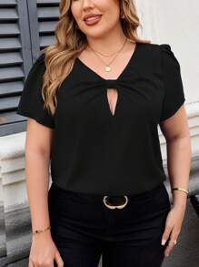 SHEIN Clasi Große Größen Elegantes blaues Loose Shirt mit Hohlmuster und Twist-Ärmeln, Sommer