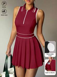 Easithlete Rochie sport fără mâneci cu guler parțial cu fermoar și pliuri în dungi pentru femei