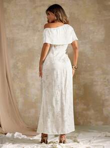 Flirla Đầm maxi đuôi cá trang trọng dáng dài họa tiết satin dệt jacquard bất đối xứng vai bèo nhún viền eo ôm sát - Màu be - Xem 2